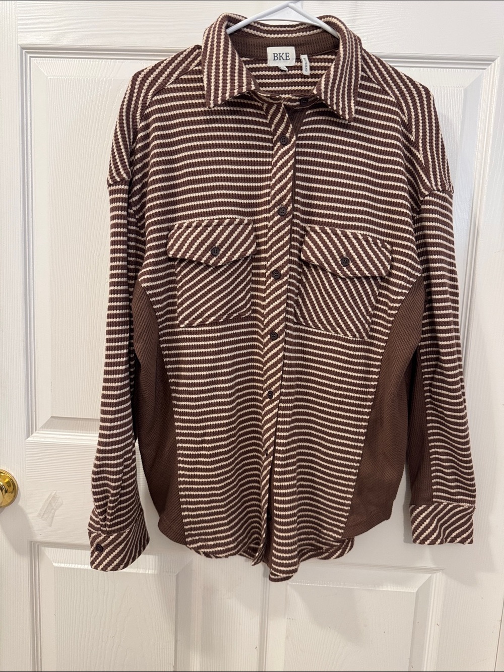 BKE Brown and Cream Striped Knit Button-Up Shirt
